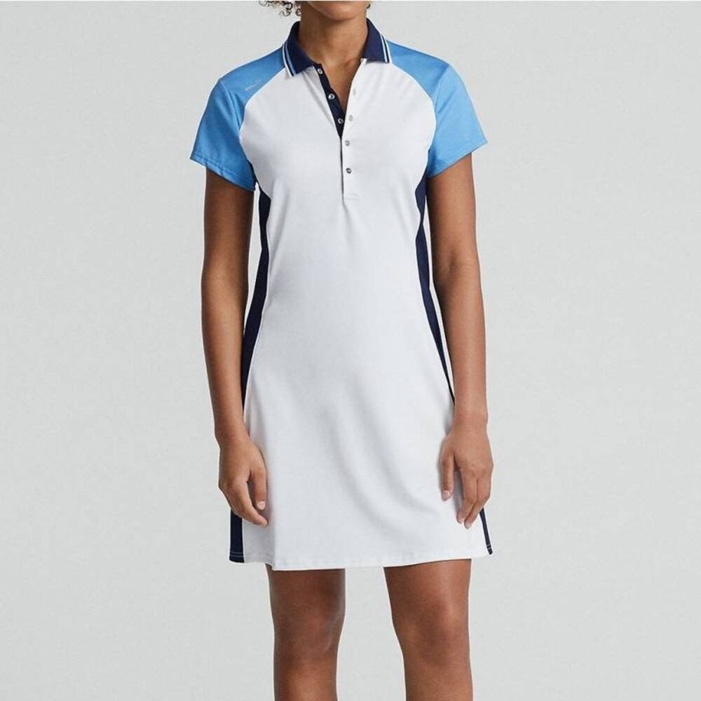 RLX Ralph Lauren Sz M Color Block Stretch Jersey Polo Dress Golf Pickleball Tenn